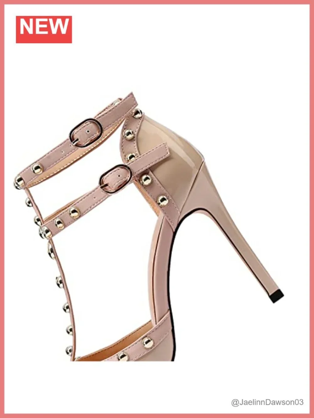 Studded Stiletto Heels for Women Pointed Toe Ankle Strap Patent Leather Sandals